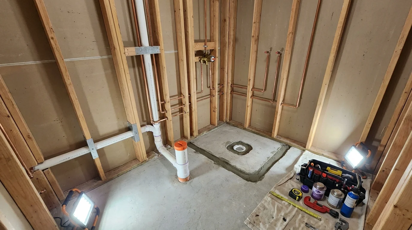 Bathroom rough-in plumbing during remodel by Johns Plumbing LLC in Ellsworth