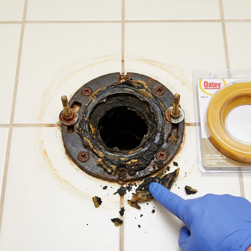 Failed wax ring showing water seepage at the base of a toilet in a Ellsworth, WI home
