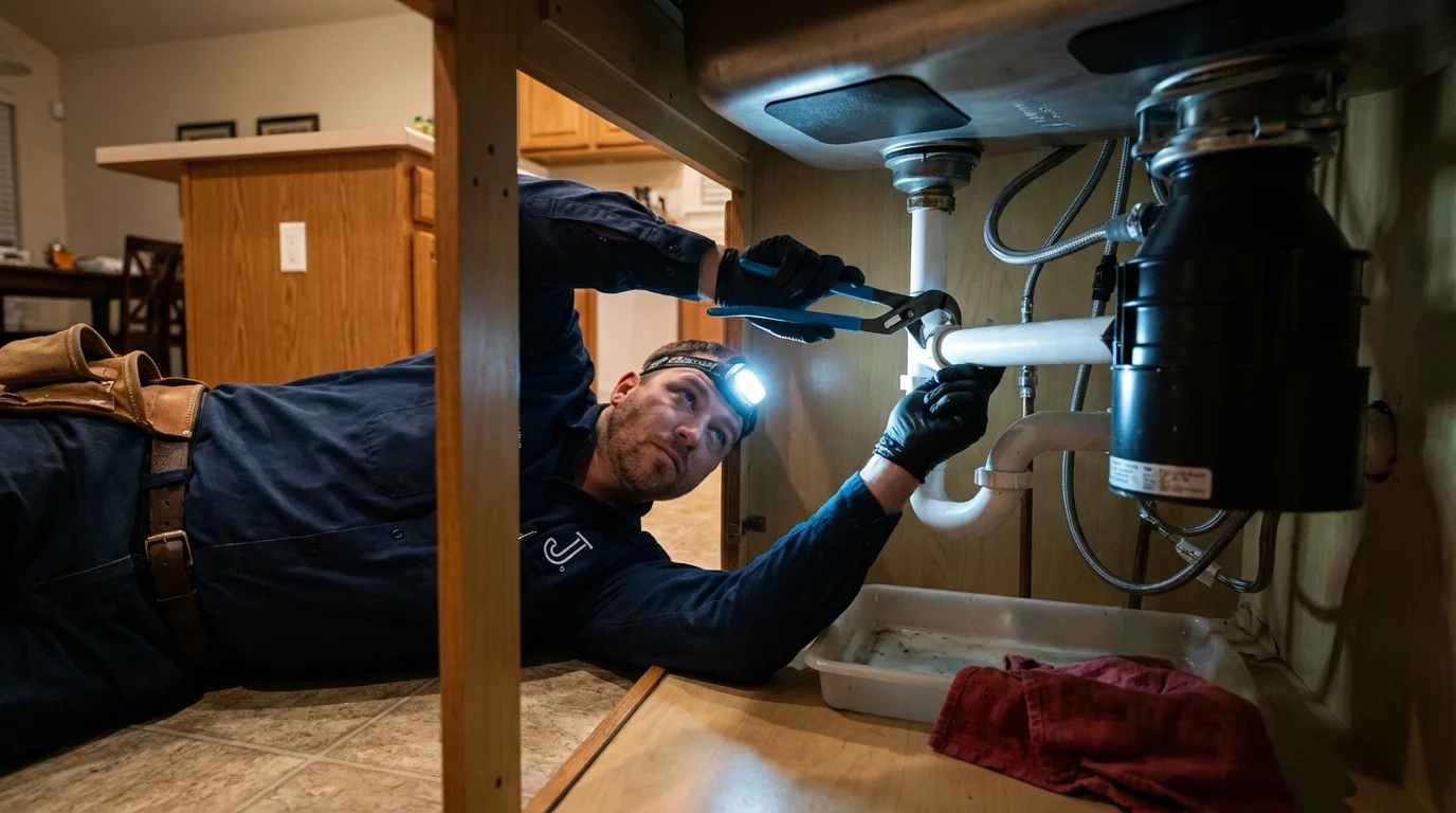 P-trap and supply line connections under a kitchen sink showing a common leak point in Ellsworth, WI